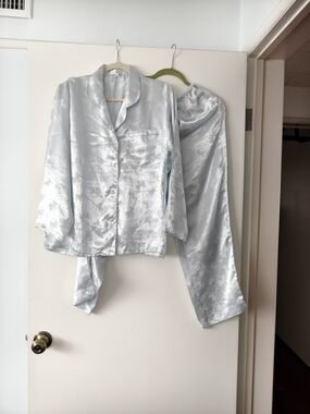 Satin Two-Piece Pajama Set in Light Silver-Blue